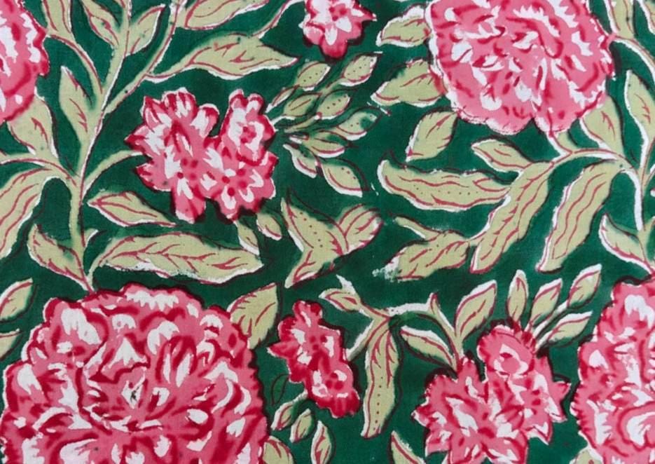 Green Floral Cotton Fabric by Yard, Pink Rose Hand Block Print Fabric, Indian Cotton Material for Dressmaking, Quilting & Home Decor Napkins