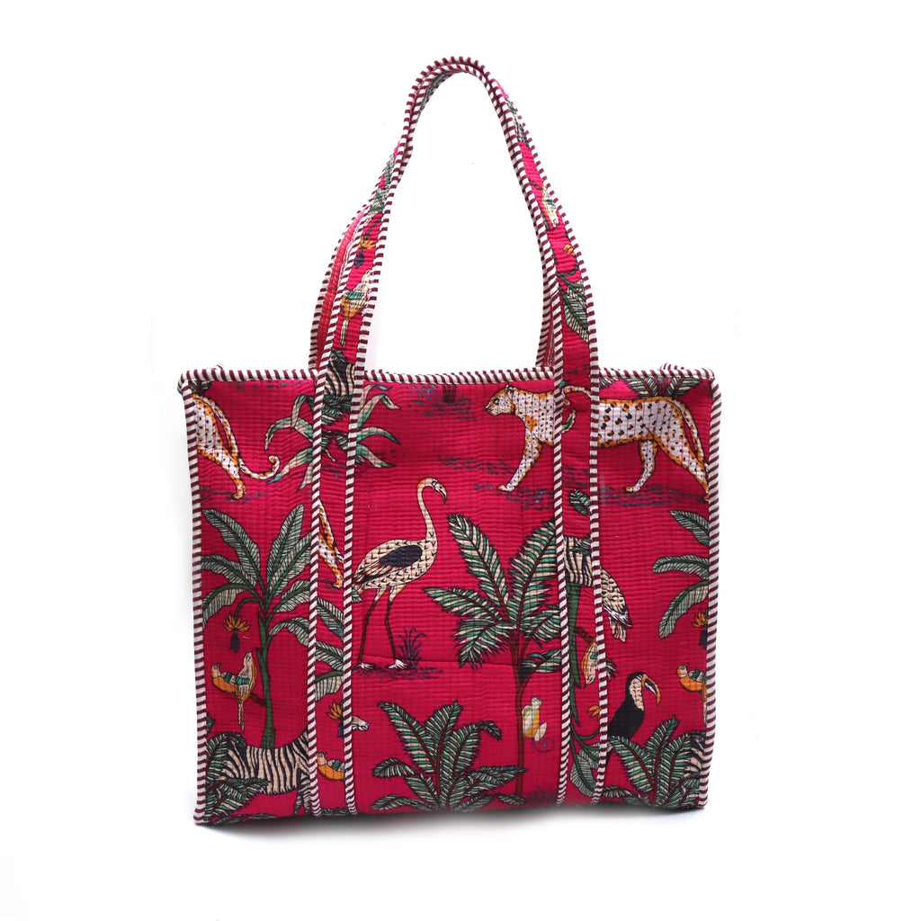 Handmade Quilted Cotton Tote Bag, Pink Jungle Print Shoulder Bag, Large Everyday Tote, Animal Print Market Bag Travel Shopper Gift for Women