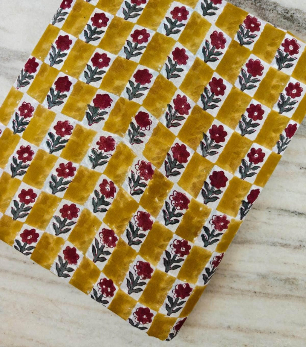 Mustard Yellow Checkered Floral Cotton Fabric, Hand Block Print Fabric, Red Flower Indian Cotton, Geometric Floral Textile, Sewing Fabric