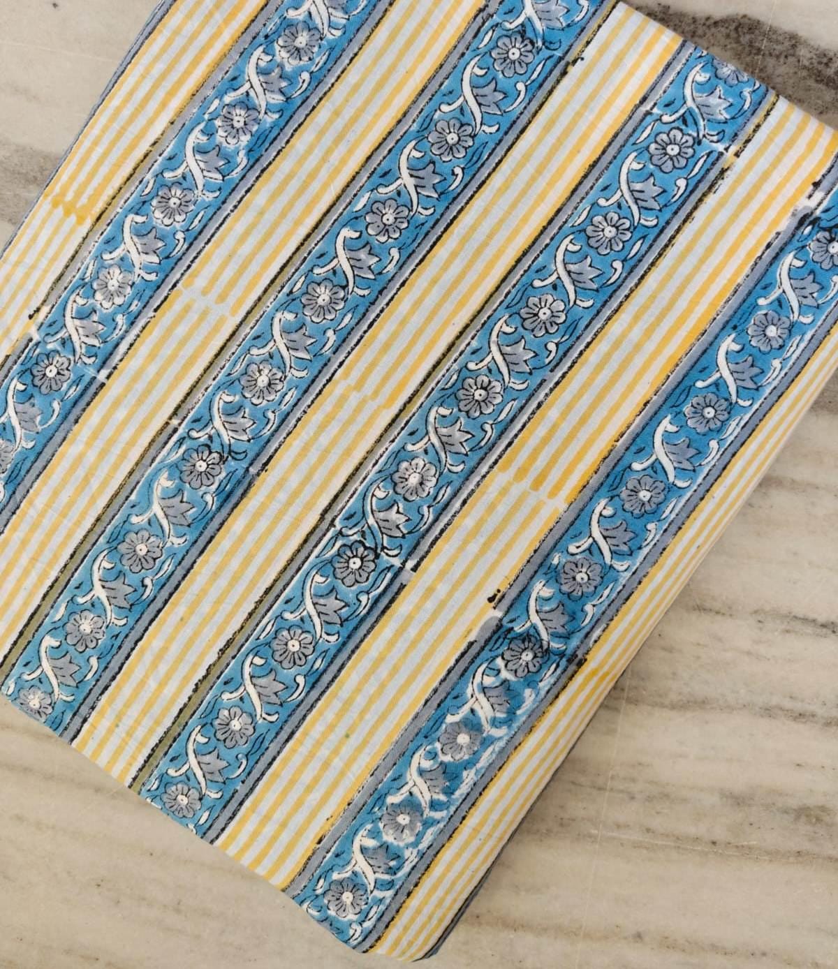 Blue Floral Stripe Cotton Fabric, Yellow Striped Cotton, Block Print Style Fabric, Craft Fabric, Indian Floral Stripe Cotton by the Yard