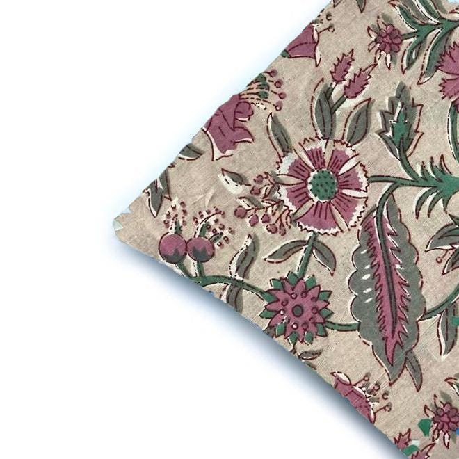 Beige Floral Cushion Cover, Vintage Botanical Pillow Cover, Mauve Purple Flower Throw Pillow, Cottagecore Block Print Style, Farmhouse Decor