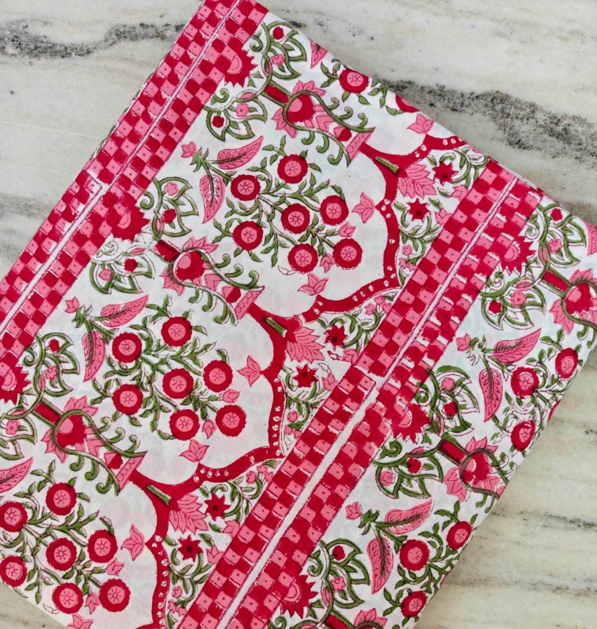 Red Pink Floral Cotton Fabric – Indian Block Print Style – Pomegranate Vine & Check Border – Quilting Dressmaking Craft Fabric by the Yard