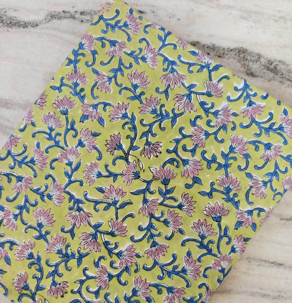 Lime Green Floral Block Print Cotton Fabric by the Yard, Pink Blue Indian Hand Printed Cotton, Boho Quilting Napkins, Runner, Tea Coaster