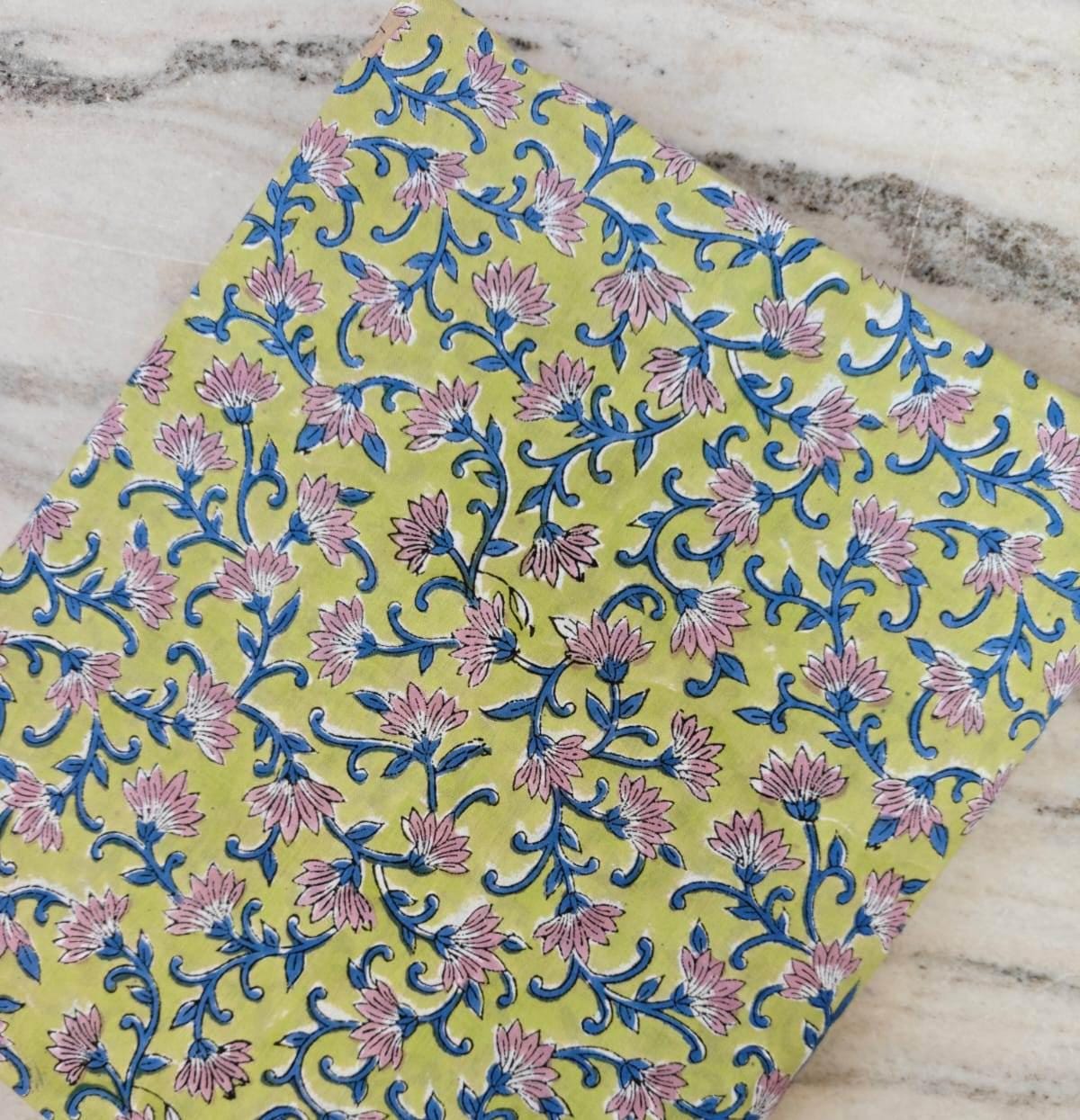Lime Green Floral Block Print Cotton Fabric by the Yard, Pink Blue Indian Hand Printed Cotton, Boho Quilting Napkins, Runner, Tea Coaster