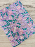 Purple and Teal Botanical Textile by the Yard, Lilac Cotton Fabric with Pink Floral Motif Fabric, Green Leaf Print Lightweight Sewing Fabric