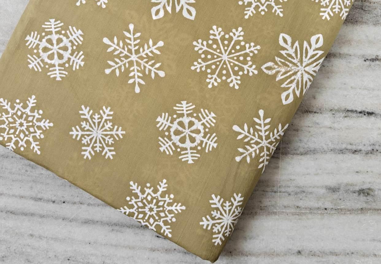 Mustard Snowflake Cotton Fabric, Winter Holiday Fabric by the Yard, Soft Indian Cotton for Quilting, Sewing, Dressmaking Crafts, Xmas fabric