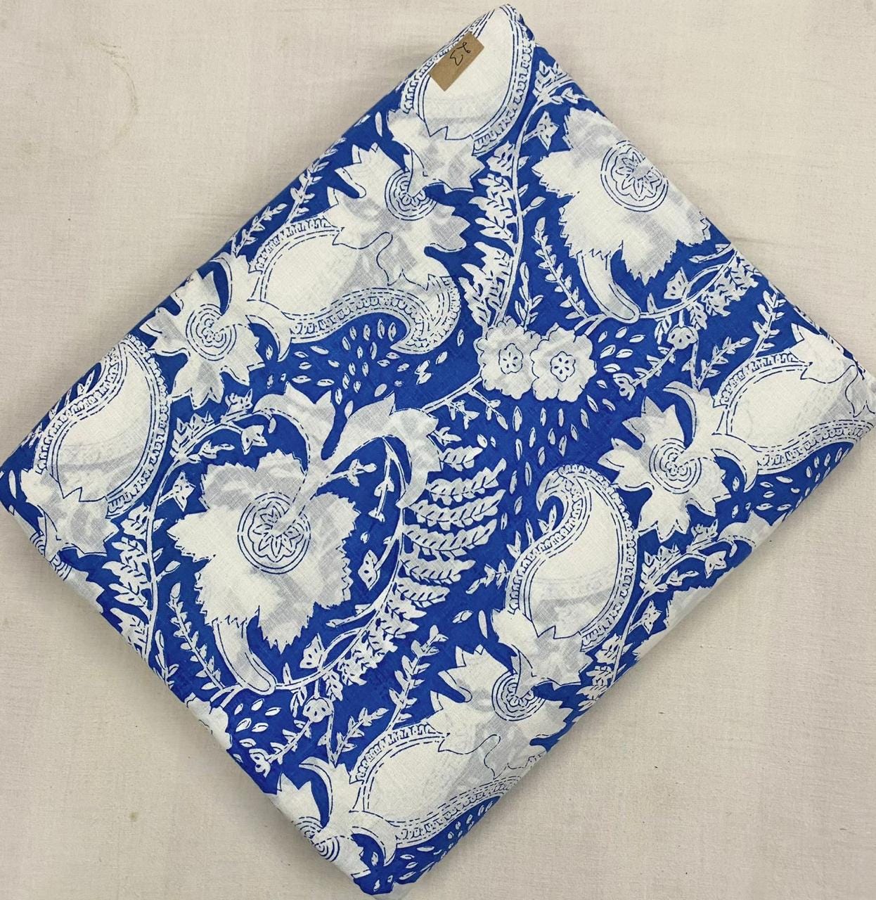 Blue White Floral Cotton Fabric, Hand Block Print Fabric by Yard, Indian Sanganeri Fabric, Soft Dressmaking Fabric, Quilting Craft Textile