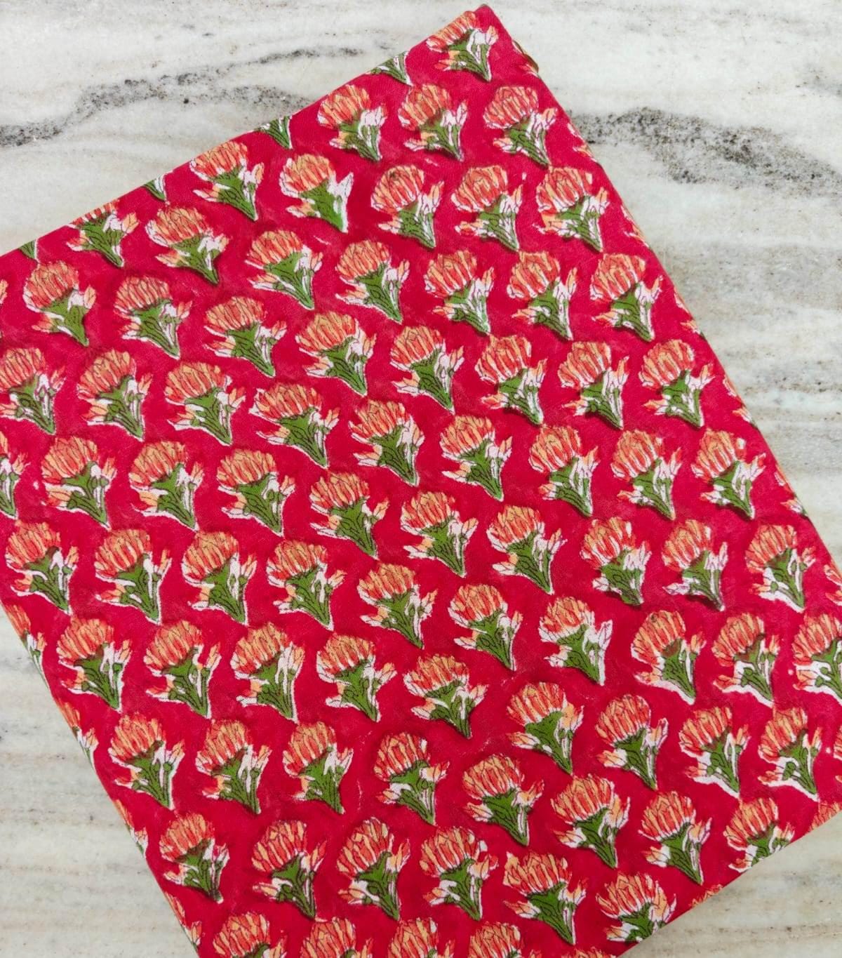 Red Floral Cotton Fabric, Small Buti Block Print Cotton, Indian Hand Printed Fabric, Lightweight Soft Cotton for Sewing, Quilting & Crafts