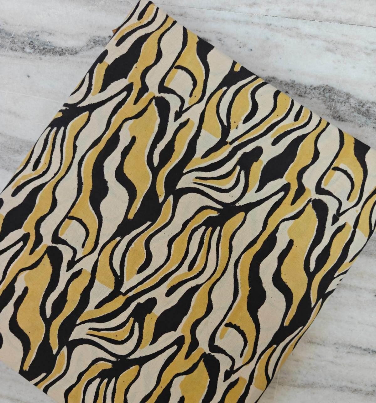 Mustard and Black Abstract Wavy Print Cotton Fabric, Indian Hand Block Print Fabric, 100% Cotton Quilting Fabric By The Yard, Napkins Fabric
