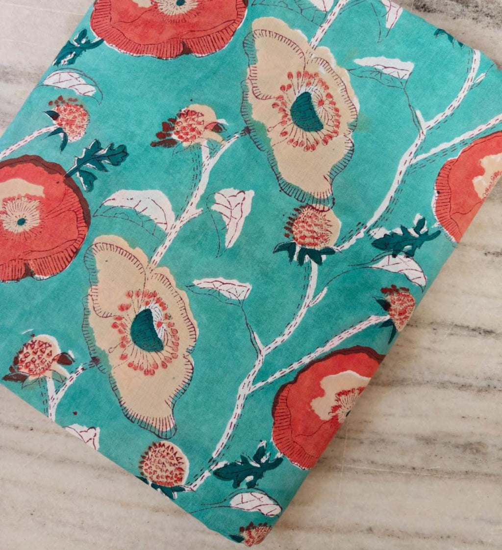 New Arrival Fabric Turquoise Floral Cotton Fabric by the Yard, Large Poppy Print Cotton, Teal Coral Flower Fabric, Loose Running Fabric