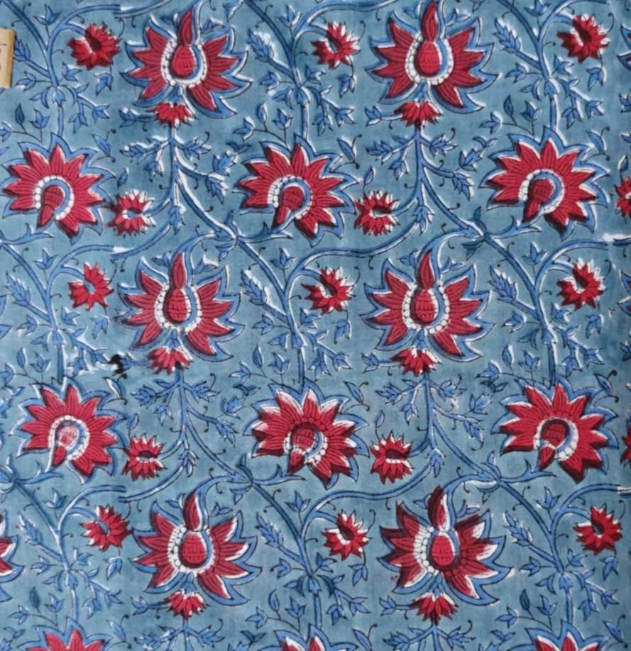 Red Floral Cotton Fabric, Blue Hand Block Print Fabric by the Yard, Indian Soft Cotton for Quilting, Sewing, Dressmaking, Home Decor
