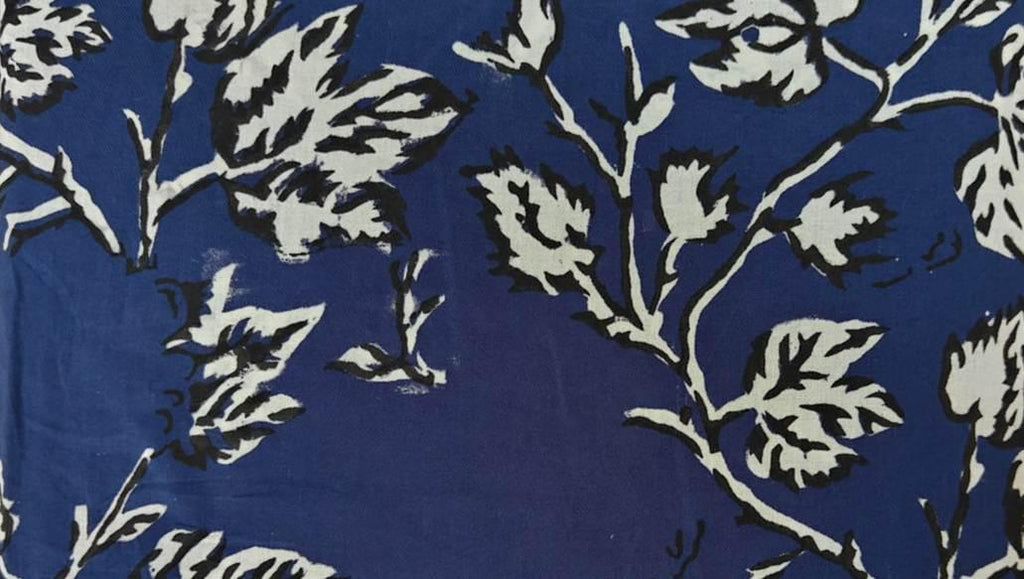Navy Blue & White Floral Cotton Fabric, Hand Block Print Indigo Blue Leaf Printed Cotton, Indian Dressmaking Quilting Fabric by the Yard