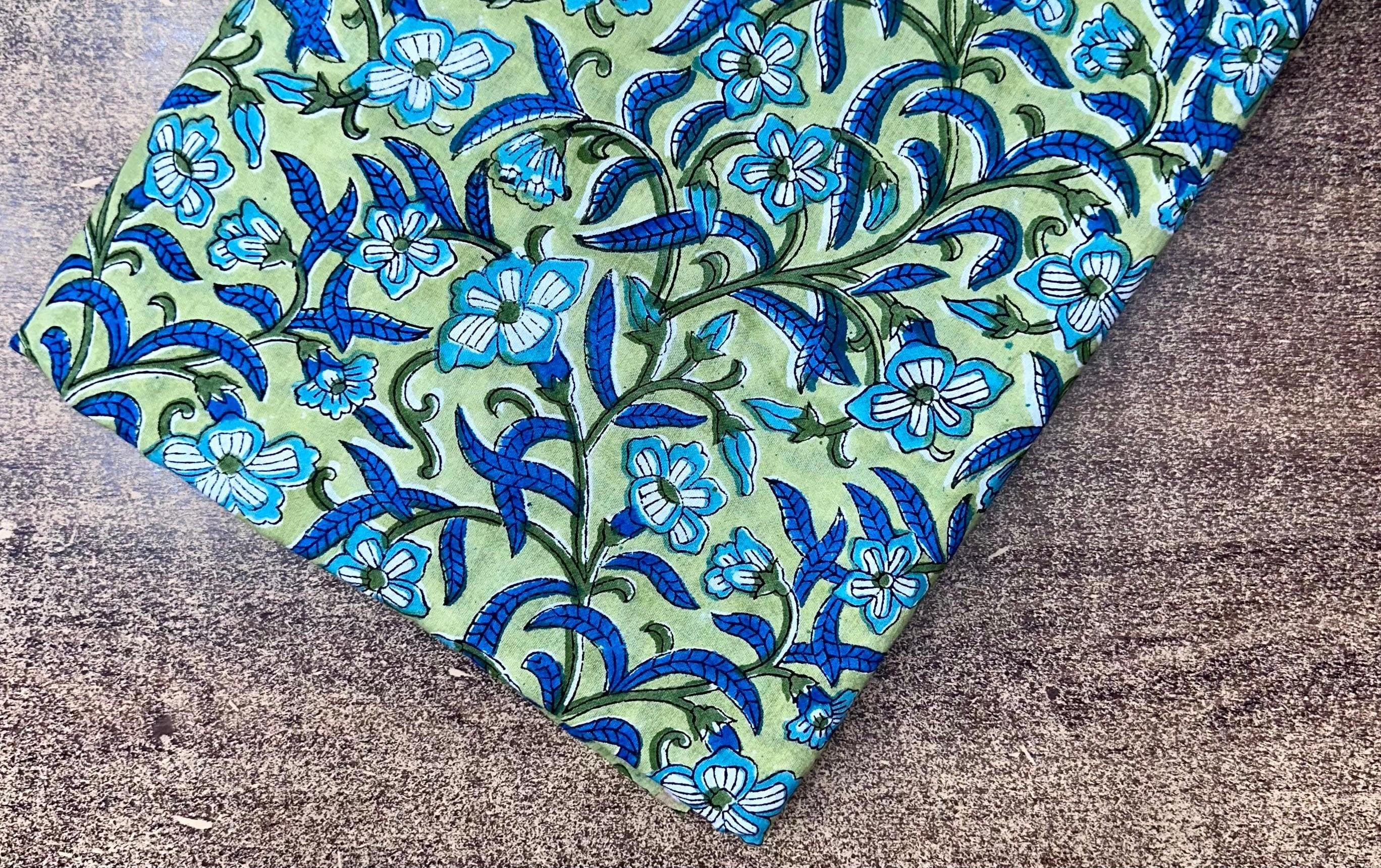 Indian Hand Block Green Blue Floral Printed Fabric By The Yard Running Cotton Fabric, Soft Lightweight Fabric, Loose Running Fabric, Napkins