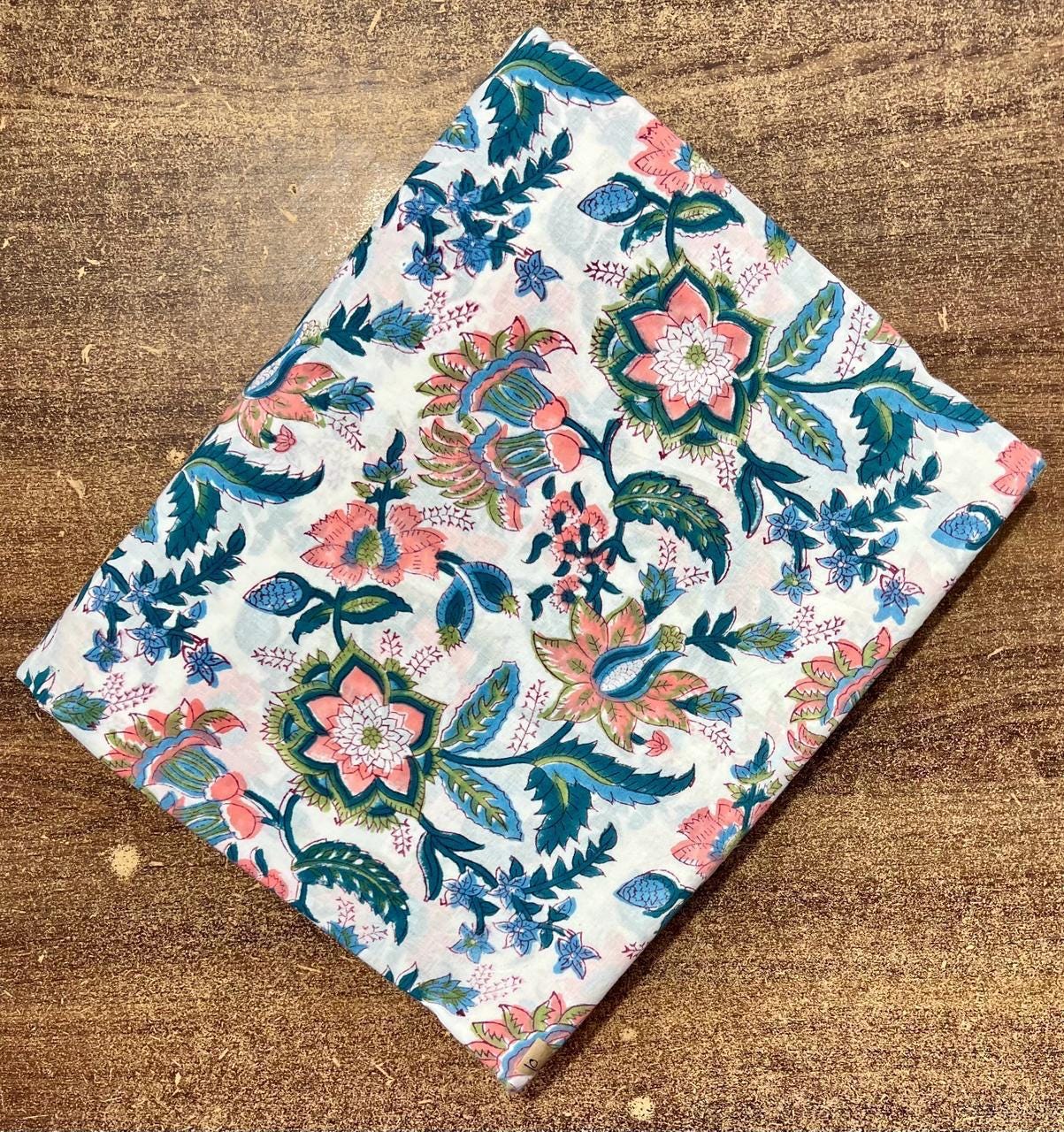 Colourful Soft Floral Cotton Fabric, Hand Block Print Fabric by Yard, Indian Cotton Cloth, Sewing Quilting Dressmaking, Loose Running Fabric