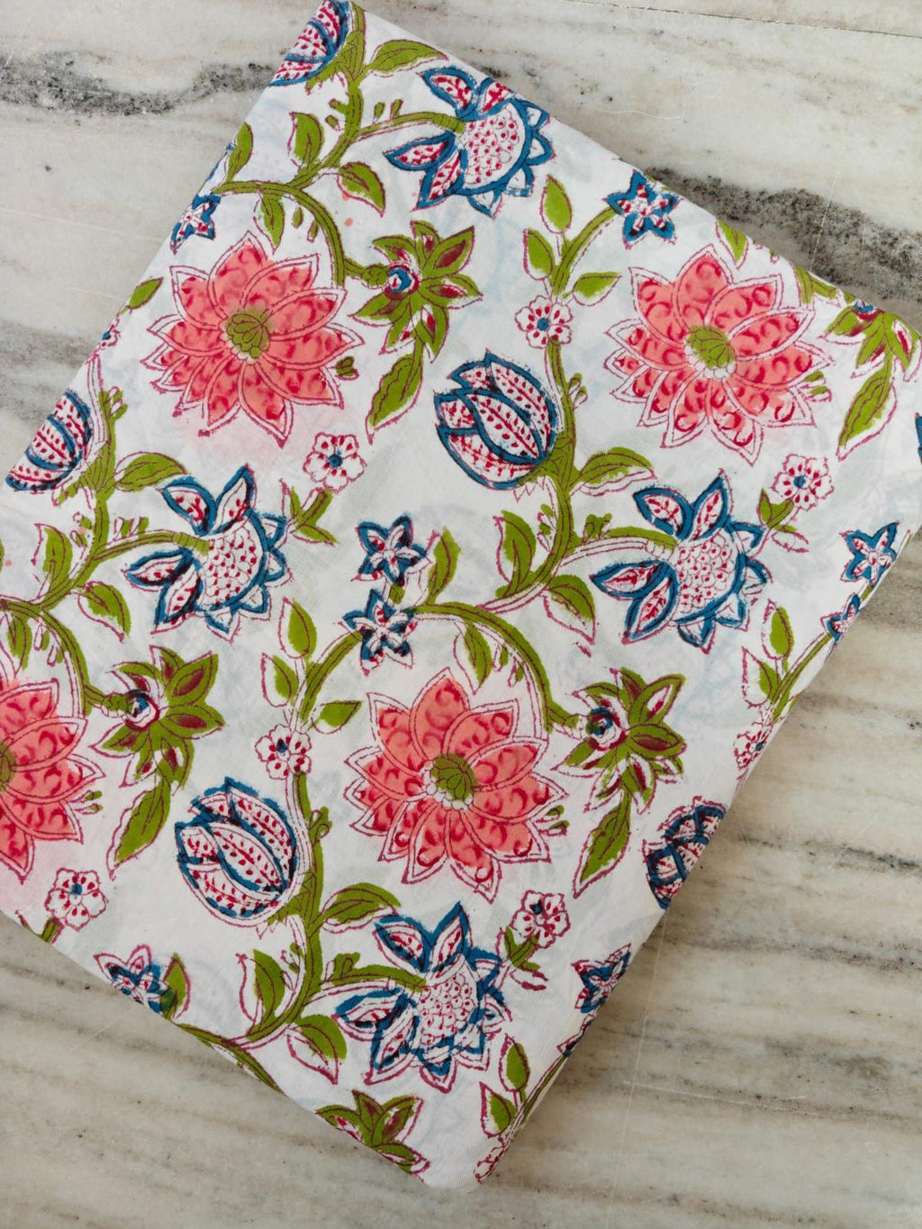 New Arrival Fabric Pink Blue Floral Block Print Cotton Fabric, Indian Hand Block Printed Fabric by the Yard, Boho Flower Pattern Fabric