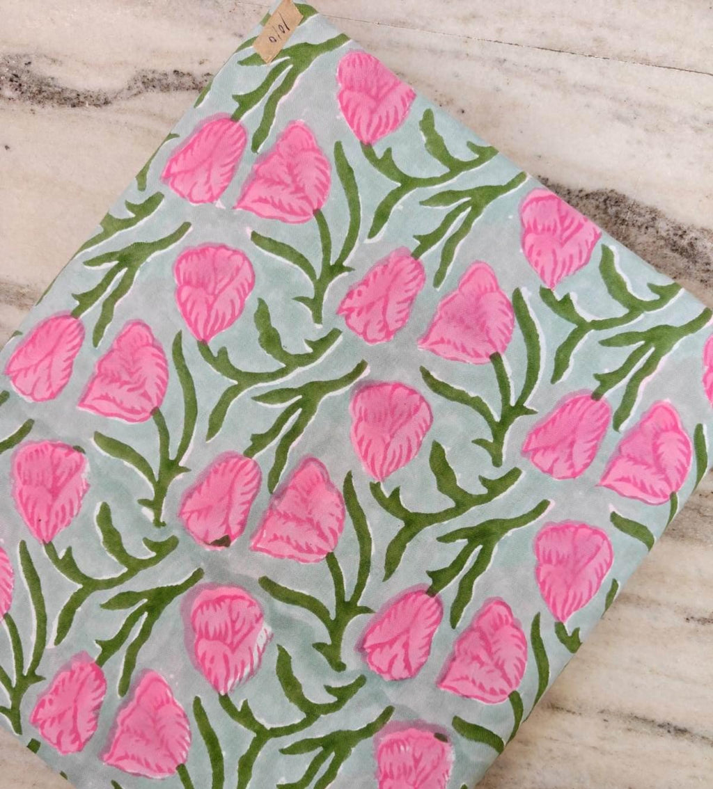 Pink Tulip Cotton Fabric, Floral Block Print Fabric, Grey Base Cotton Fabric by Yard, Indian Hand Block Print, Dressmaking Sewing Fabric