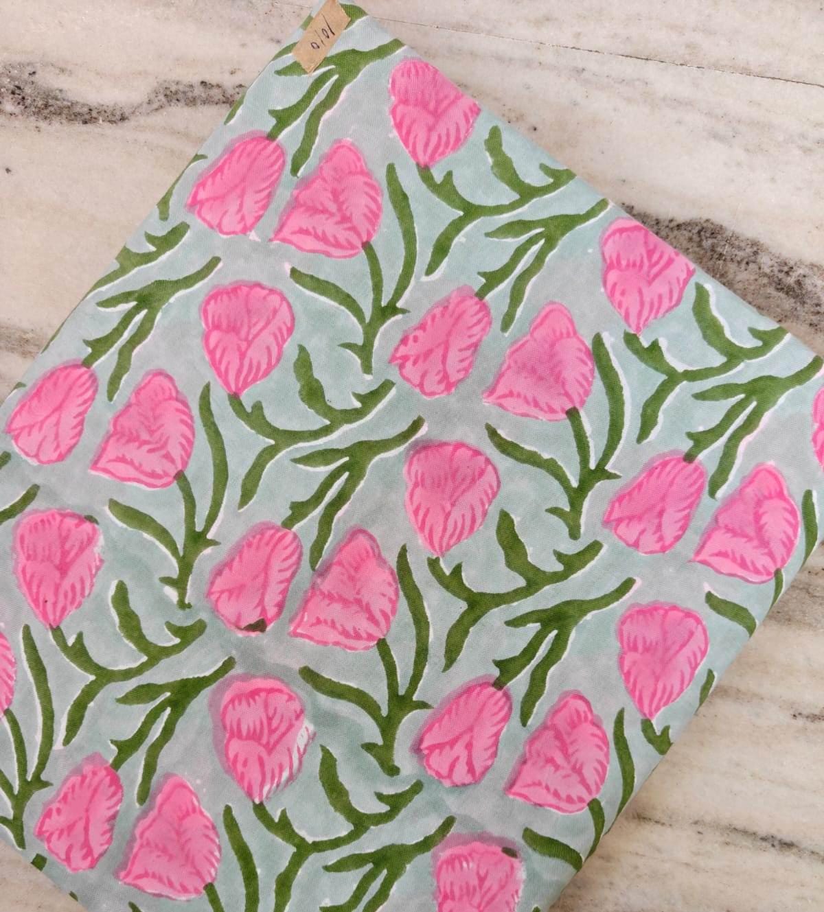 Pink Tulip Cotton Fabric, Floral Block Print Fabric, Grey Base Cotton Fabric by Yard, Indian Hand Block Print, Dressmaking Sewing Fabric