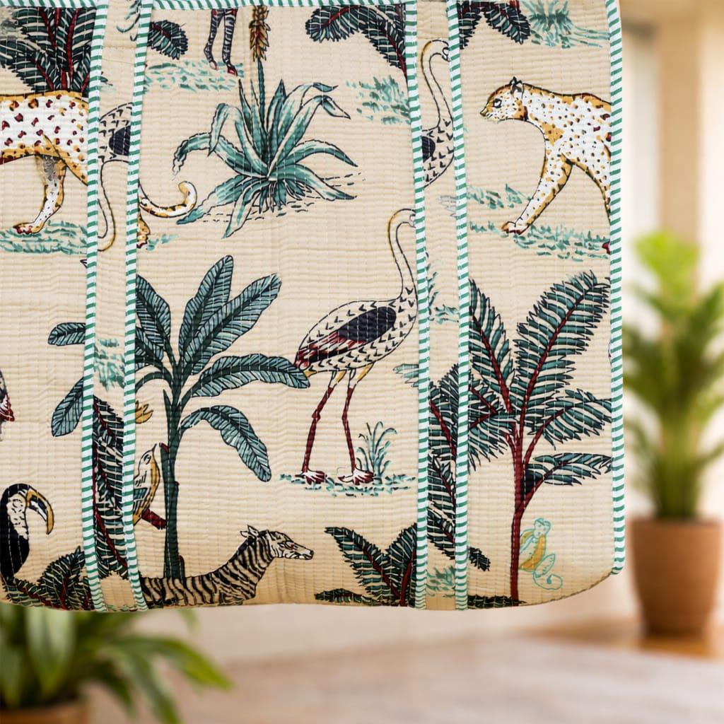 Jungle Print Quilted Tote Bag, Handmade Cotton Beach Bag, Safari Animal Shoulder Bag, Block Print Market Tote, Tropical Travel Bag