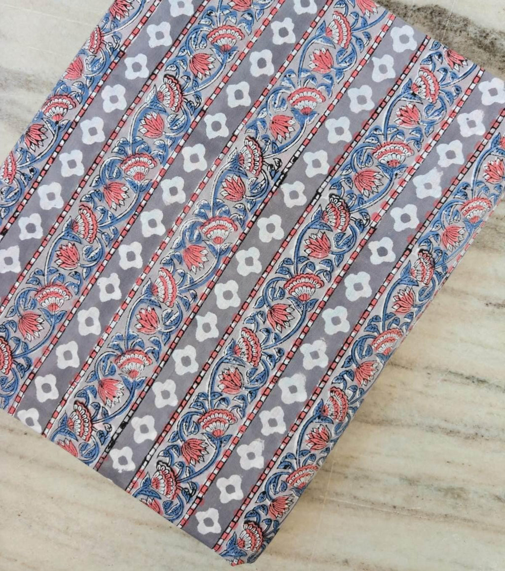 Floral Stripe Cotton Fabric, Grey Block Print Fabric, Indian Hand Printed Cotton, Blue Pink Flower Vine Fabric, Boho Dressmaking Fabric