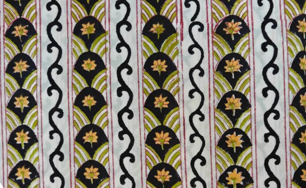 Black and White Cotton Fabric by Yard, Indian Hand Block Print Fabric, Geometric Floral Stripe Cotton Dressmaking, Quilting & Home Decor