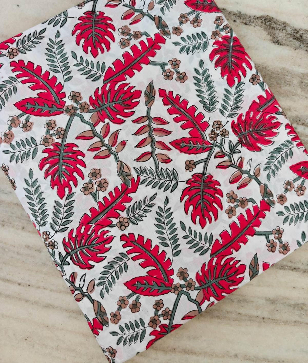 Tropical Red Leaf Cotton Fabric, Botanical Floral Print Fabric, Lightweight Cotton Yardage, Summer Sewing Fabric Dress Quilting Craft Fabric