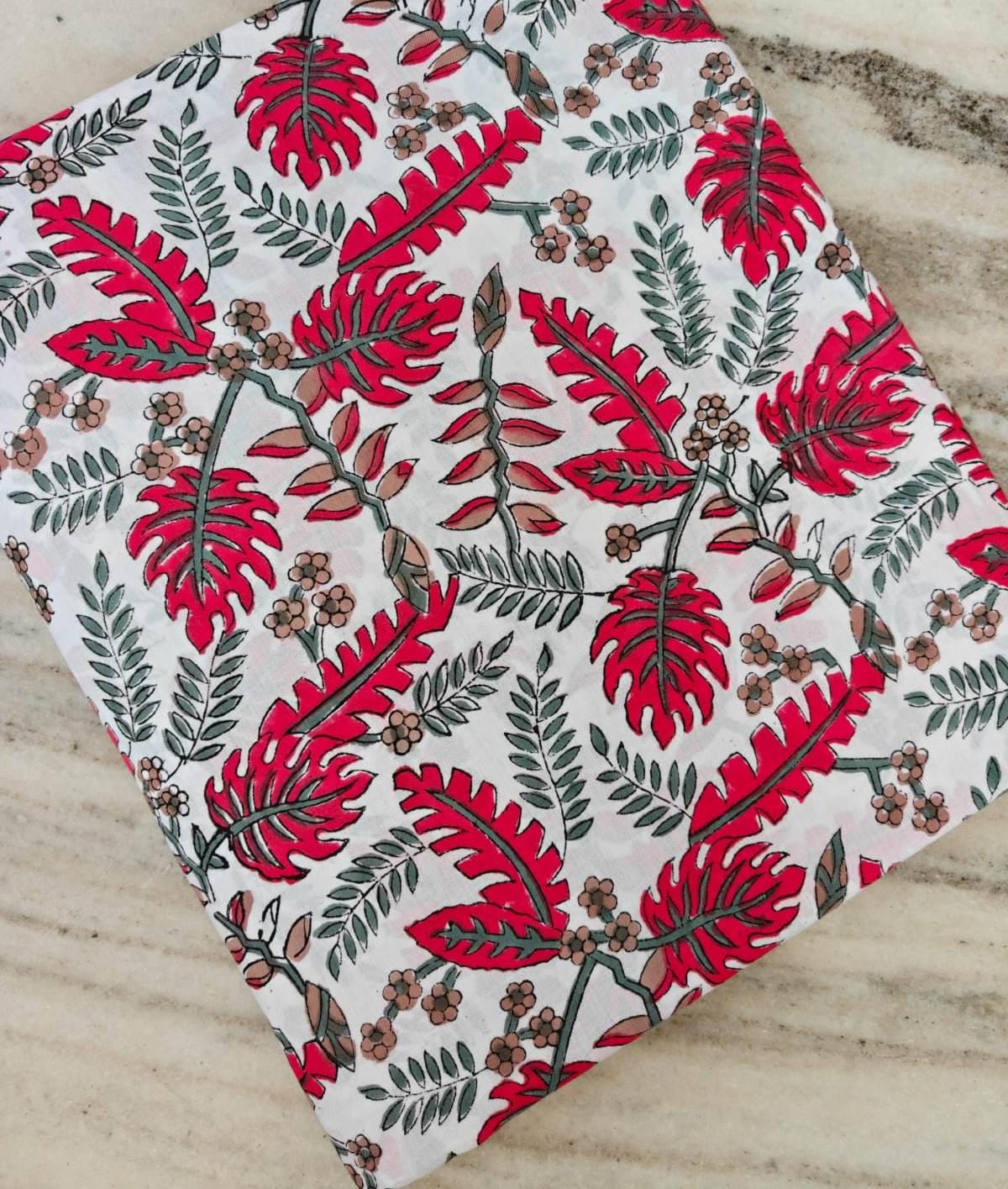 Tropical Red Leaf Cotton Fabric, Botanical Floral Print Fabric, Lightweight Cotton Yardage, Summer Sewing Fabric Dress Quilting Craft Fabric
