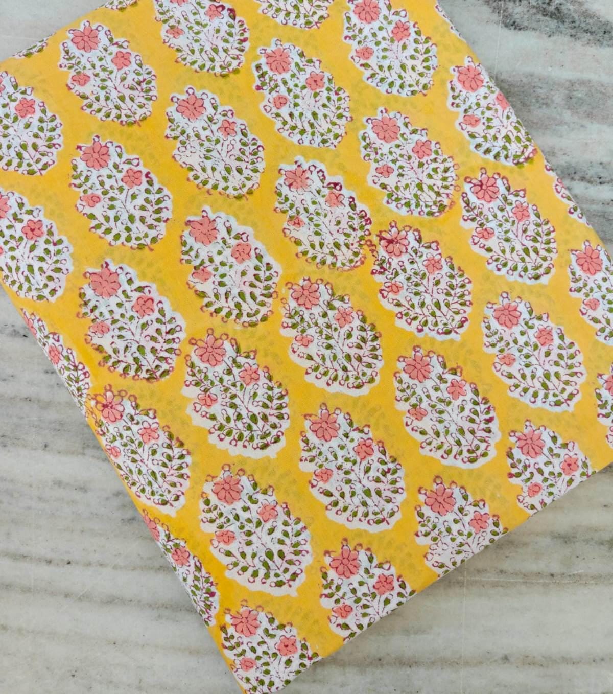 Yellow Floral Cotton Fabric – Pink Buta Block Print Fabric by the Yard – Indian Hand Block Print Style – Soft Quilting & Dressmaking Fabric