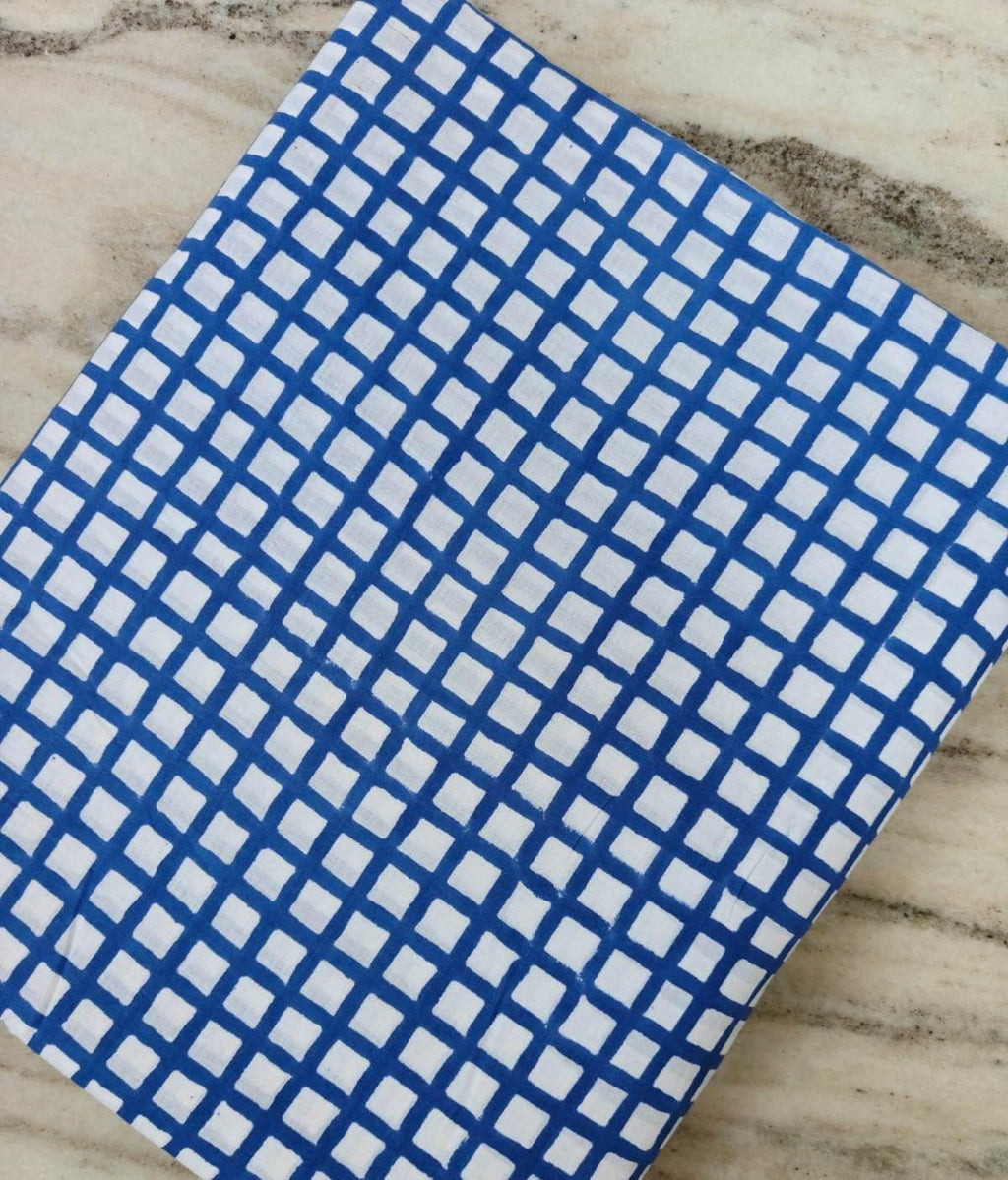 Blue White Check Cotton Fabric, Geometric Grid Print Fabric, Hand Block Print Cotton, Modern Minimal Fabric, Quilting Sewing Craft Fabric