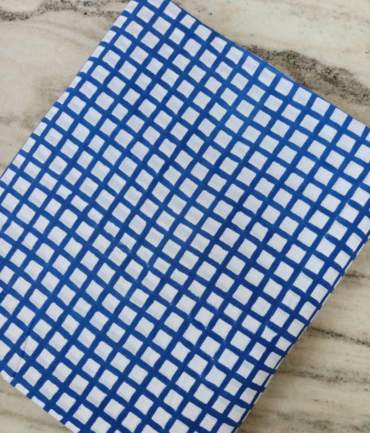 Blue White Check Cotton Fabric, Geometric Grid Print Fabric, Hand Block Print Cotton, Modern Minimal Fabric, Quilting Sewing Craft Fabric