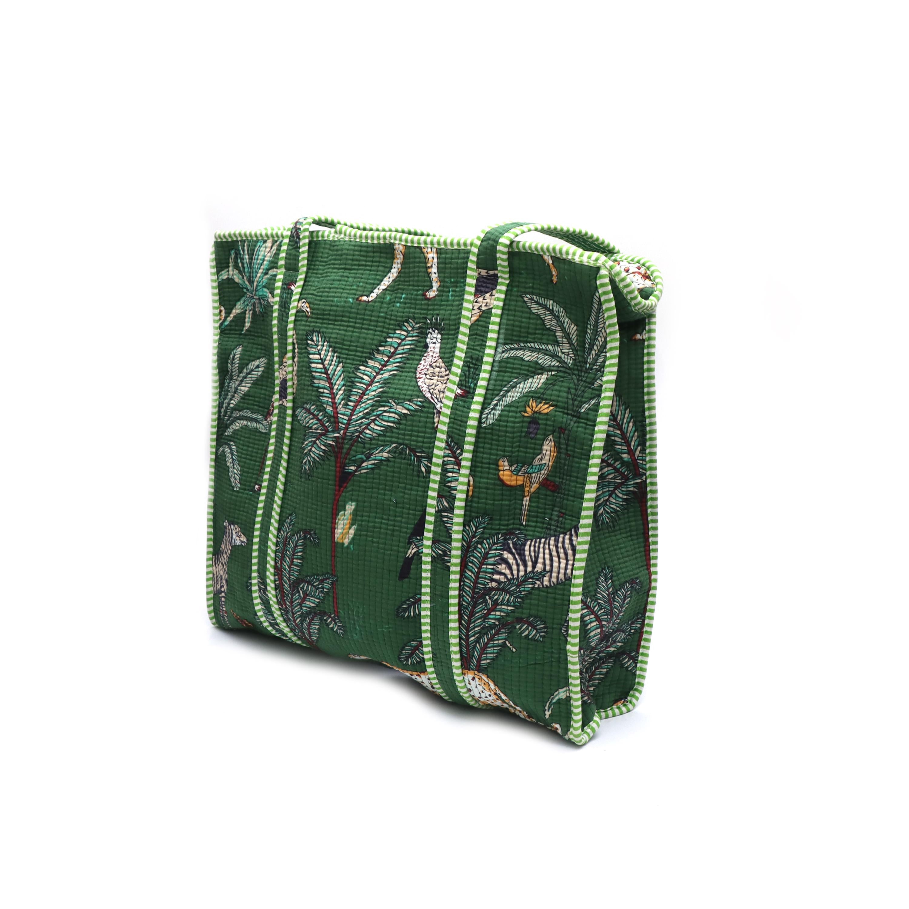 Green Jungle Tote Bag, Quilted Cotton Shoulder Bag, Safari Animal Print Tote, Tropical Palm Zebra Bird Bag, Market Shopper, Travel Beach Bag