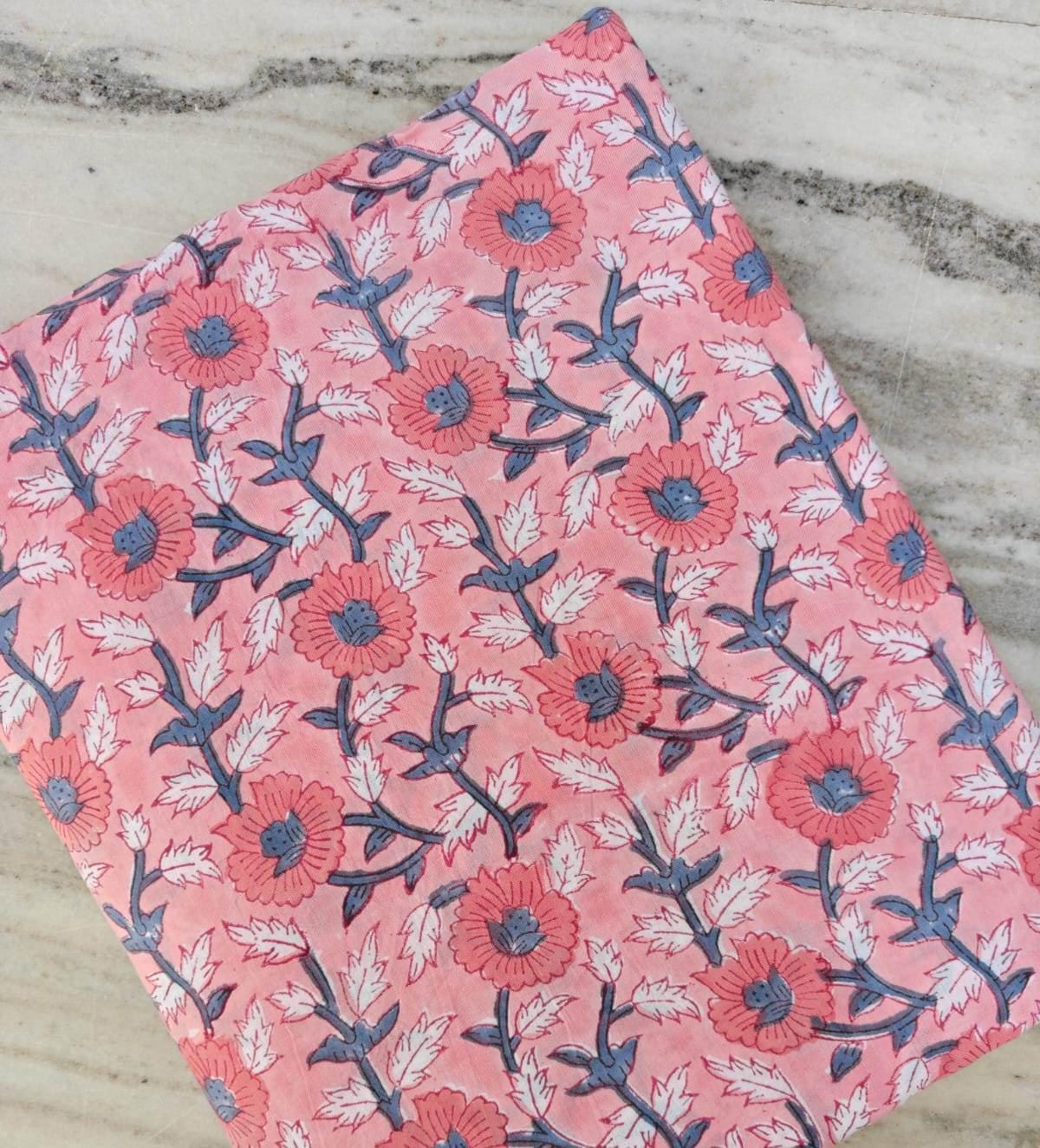 Beige Pink Floral Cotton Fabric, Block Print Flower Fabric, Vintage Floral Cotton by the Yard, Indian Block Print Fabric Dress Making