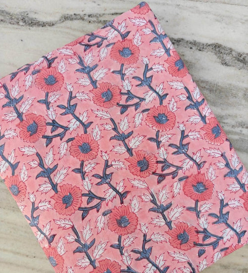 Beige Pink Floral Cotton Fabric, Block Print Flower Fabric, Vintage Floral Cotton by the Yard, Indian Block Print Fabric Dress Making