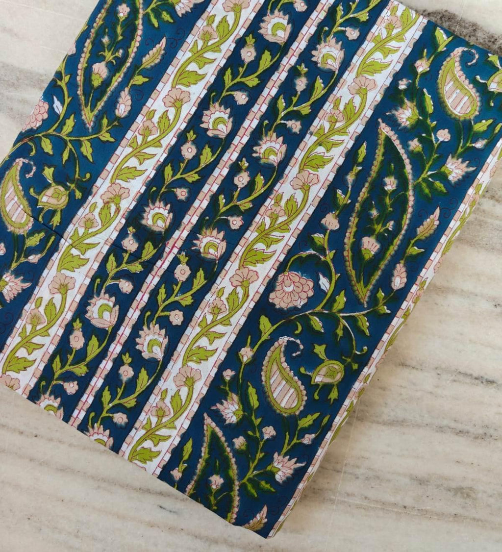 Blue Floral Stripe Cotton Fabric – Indian Block Print Paisley Fabric by the Yard – Boho Vine Pattern for Dressmaking, Quilting & Home Decor