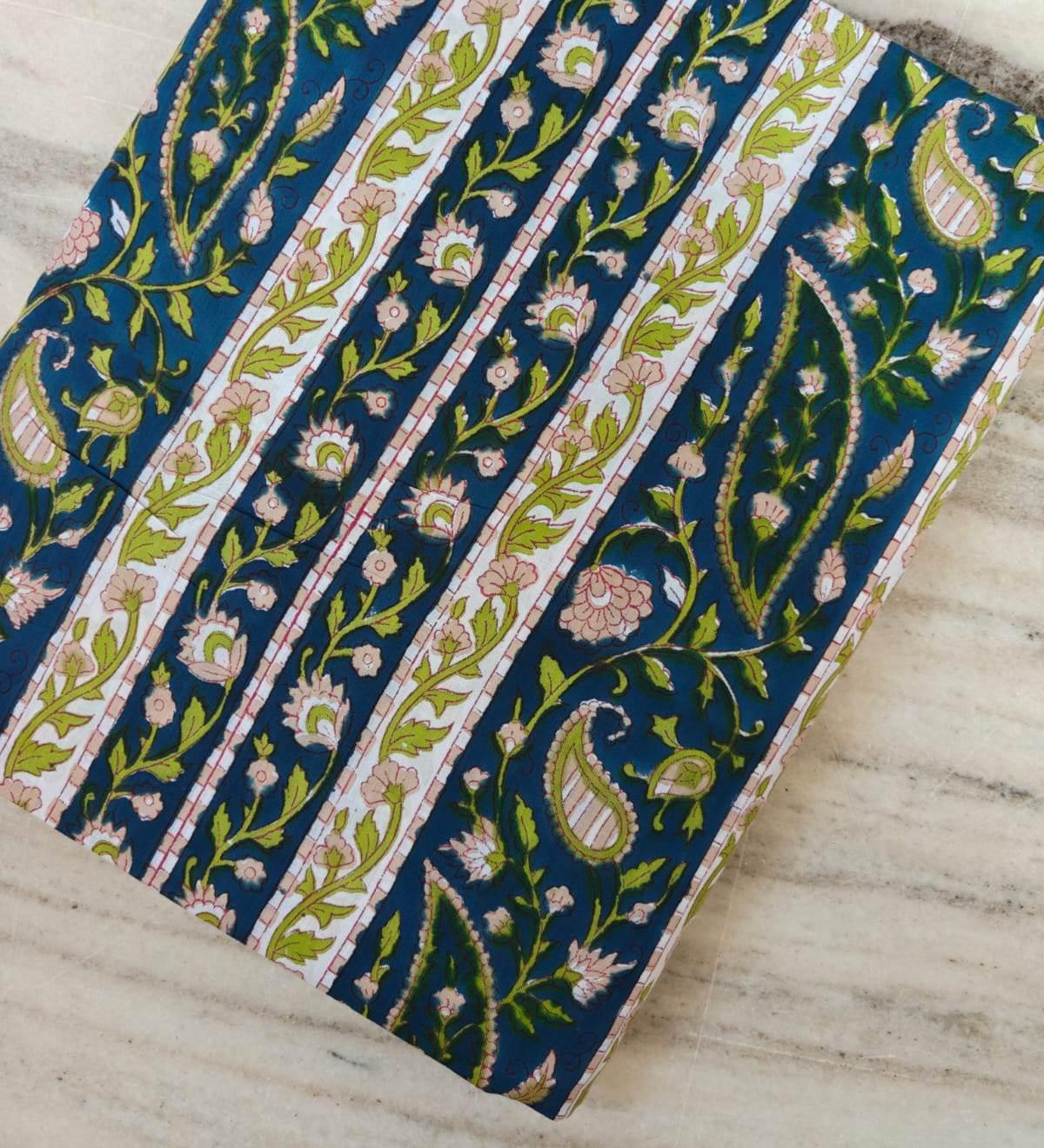 Blue Floral Stripe Cotton Fabric – Indian Block Print Paisley Fabric by the Yard – Boho Vine Pattern for Dressmaking, Quilting & Home Decor