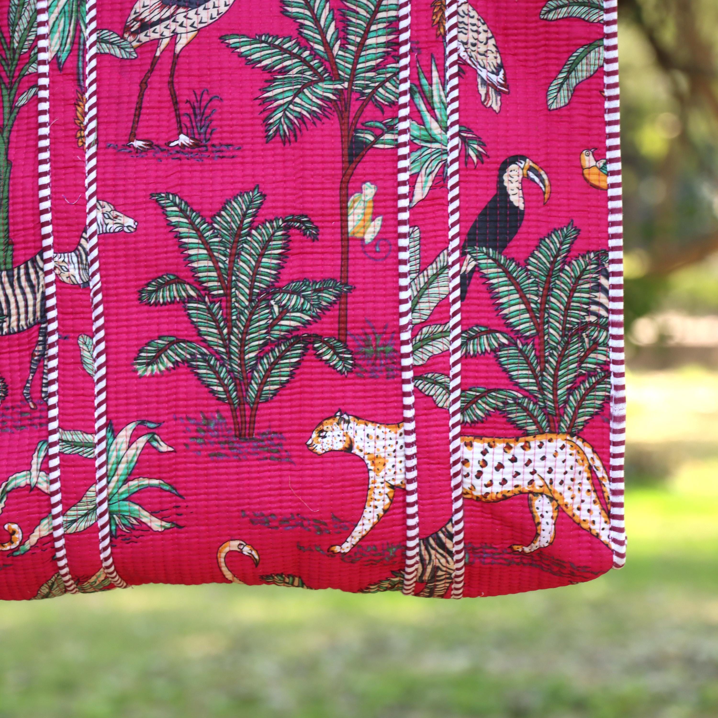 Pink Jungle Safari Print Bags, Handmade Quilted Tote Bag, Cotton Quilted Tote Bag, Indian Bags Shopping Bags, Beach Bag, Shoulder Bags Gift