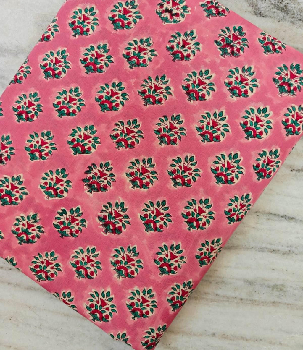 Pink Floral Cotton Fabric, Hand Block Print Fabric, Indian Cotton Yardage, Small Buti Print Fabric, Soft Lightweight Craft Sewing Fabric