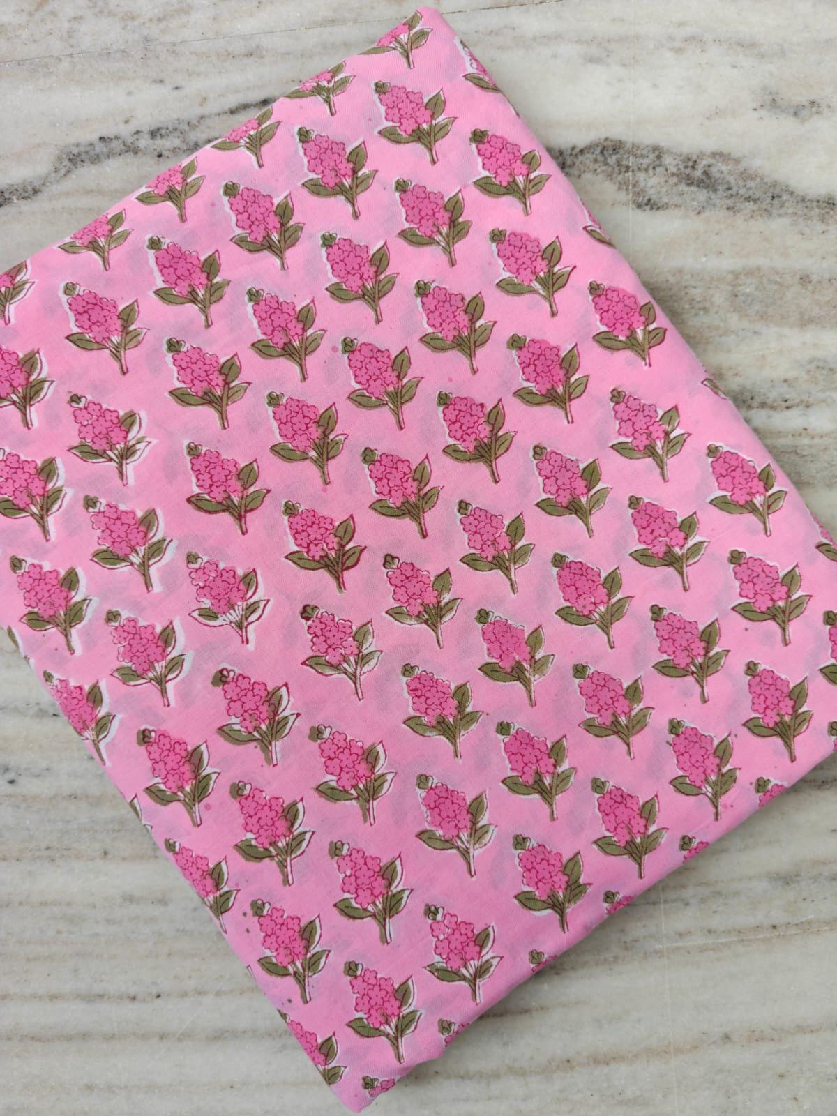 Pink Floral Cotton Fabric, Pink Color Hand Block Print Fabric By The Yard, Indian Soft Cotton for Quilting, Dressmaking, Sewing & Crafts