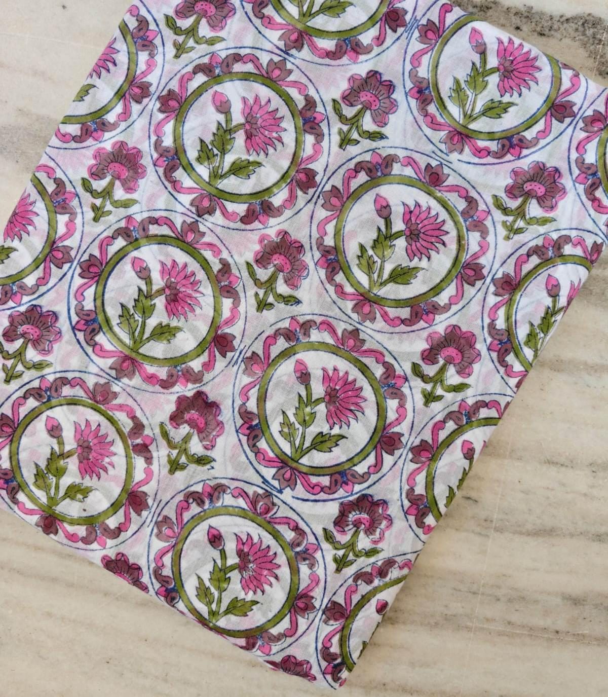Pink Floral Cotton Fabric, Indian Hand Block Print Fabric, White Cotton Boho Fabric, Floral Circle Print Fabric, Dressmaking Craft Fabric