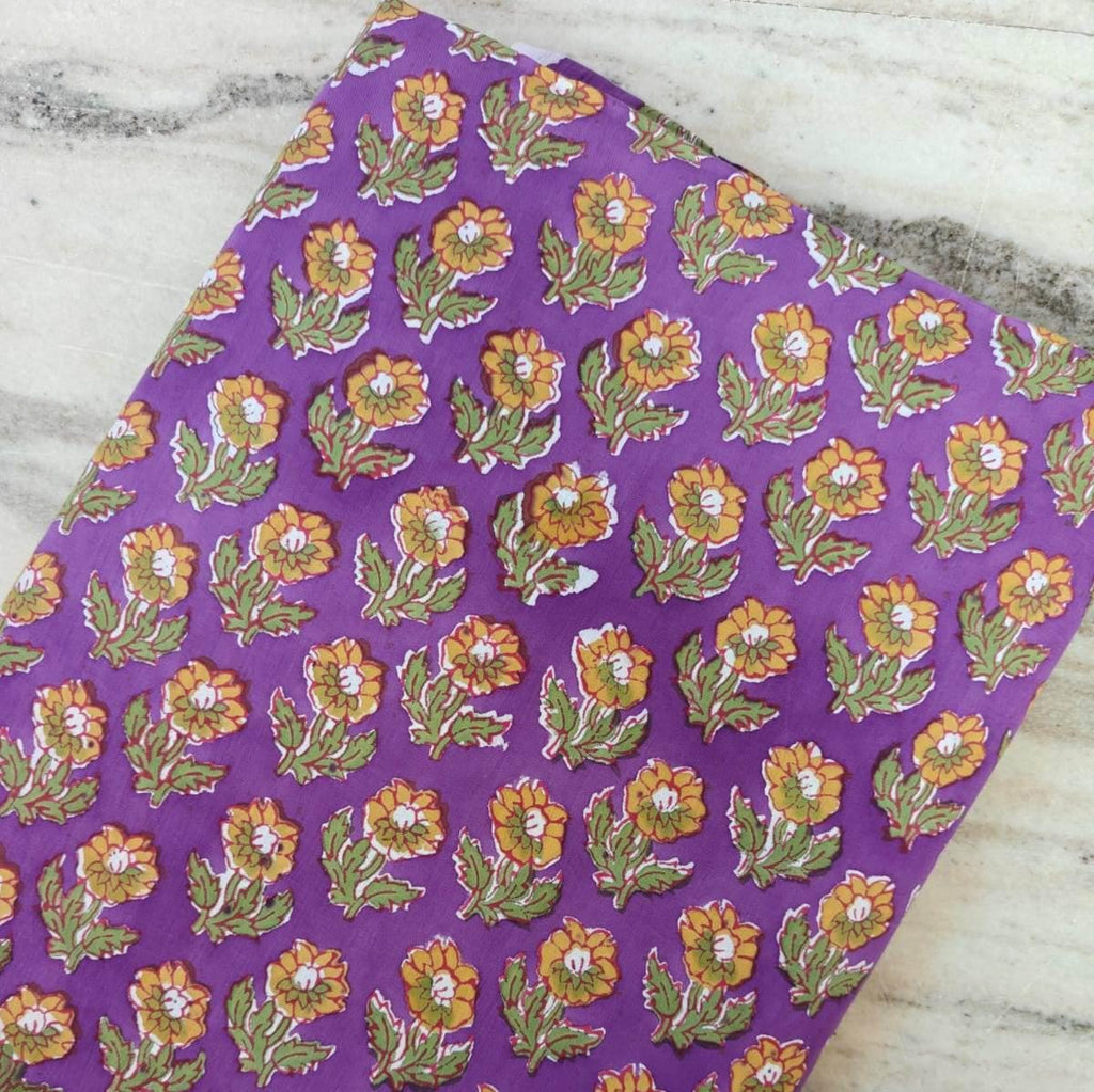Purple Floral Cotton Fabric, Yellow Flower Print Fabric, Block Print Style Quilting & Dressmaking Fabric By The Yard, Loose Running Fabric
