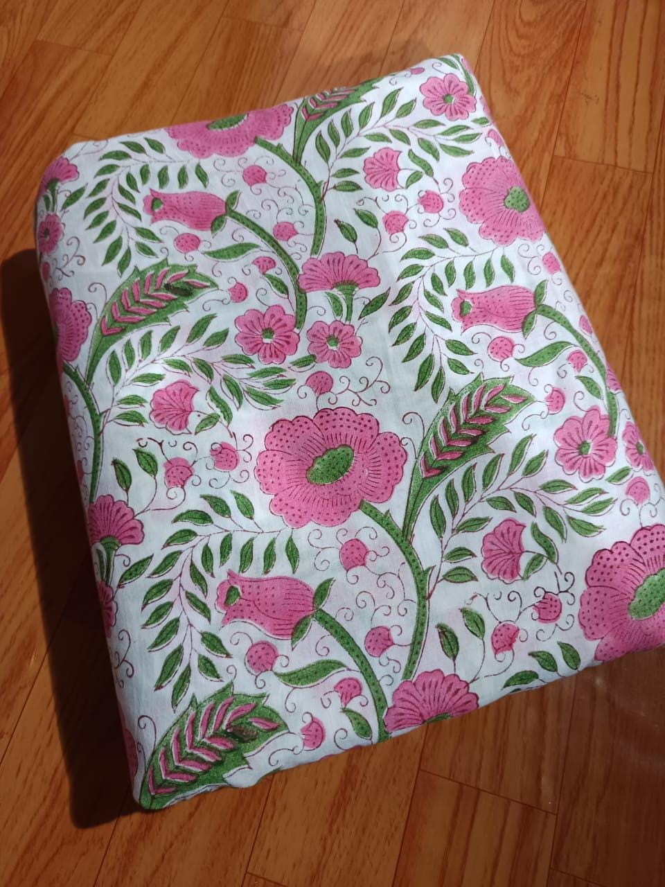 Pink Green Designer Hand Block Print Fabric, Floral 100% Cotton Quilting Fabric By The Yard, Fabric For Dress Making, Loose Running Fabric