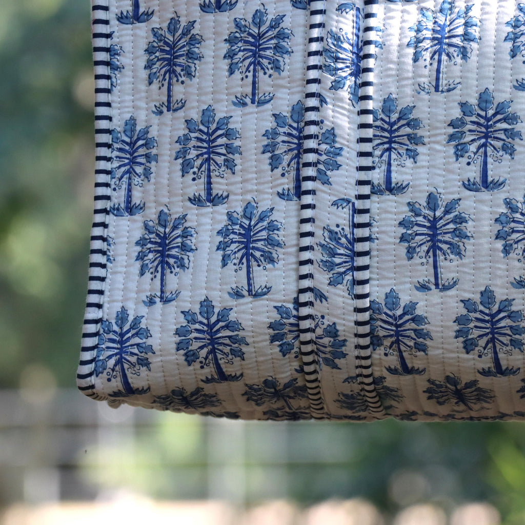 Handmade Quilted Cotton Tote Bag, Blue Block Print Shoulder Bag, Large Travel Beach Bag, Boho Shopping Bag, Reusable Eco Tote Gift for Her