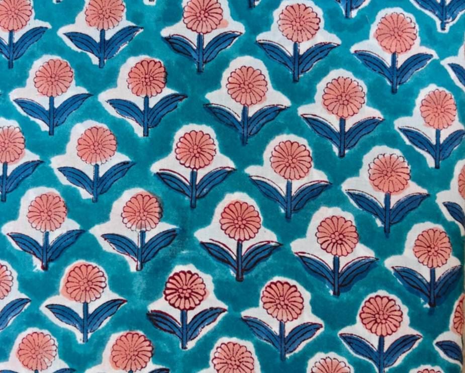 Blue Green Indian Hand Block Print Fabric, Floral 100% Cotton Quilting Fabric By The Yard, Dressmaking Fabric, Napkins Fabric, Loose Fabric