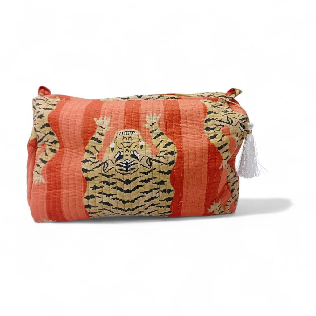 Set of 3 Quilted Toiletry Bags | Big, Medium, Small, Toiletry Bag | Women Wash Bag | Tiger Print Travel Pouch | Hand Block Print Pouch, Gift