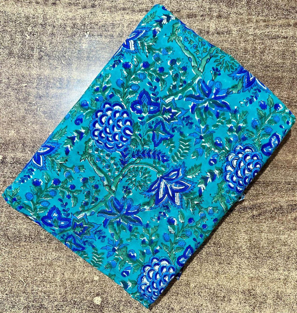 Teal Blue Floral Printed Cotton Cloth, Indian Hand Block Soft Lightweight Sewing Fabric for Dressmaking, Running Cotton Fabric by Yard, Gift