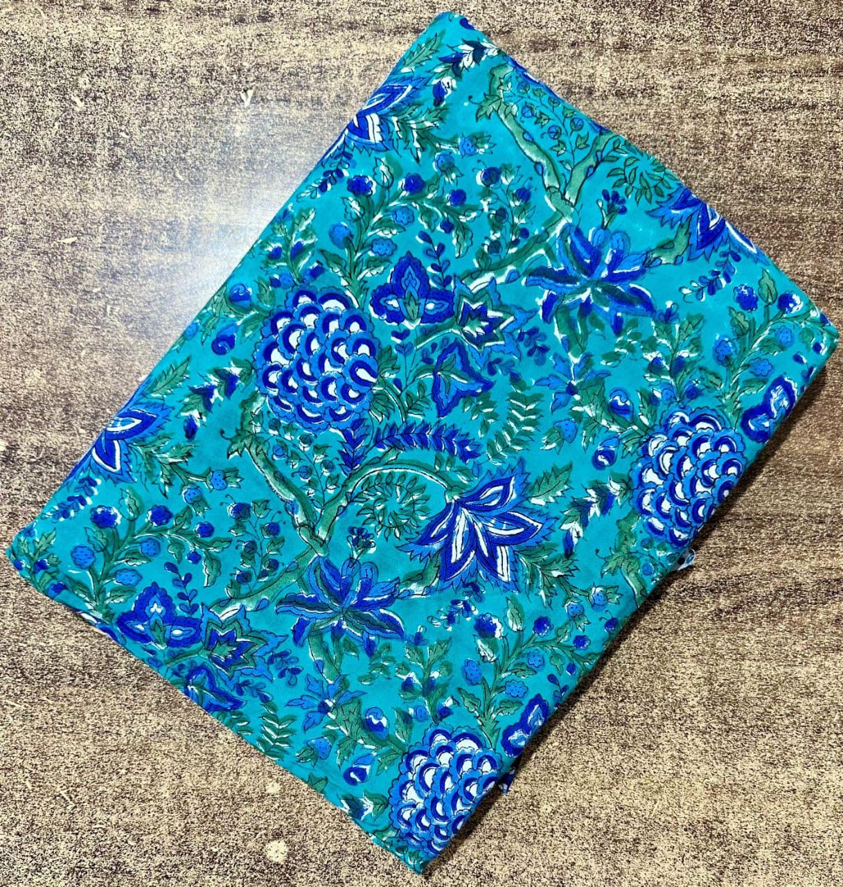 Teal Blue Floral Printed Cotton Cloth, Indian Hand Block Soft Lightweight Sewing Fabric for Dressmaking, Running Cotton Fabric by Yard, Gift