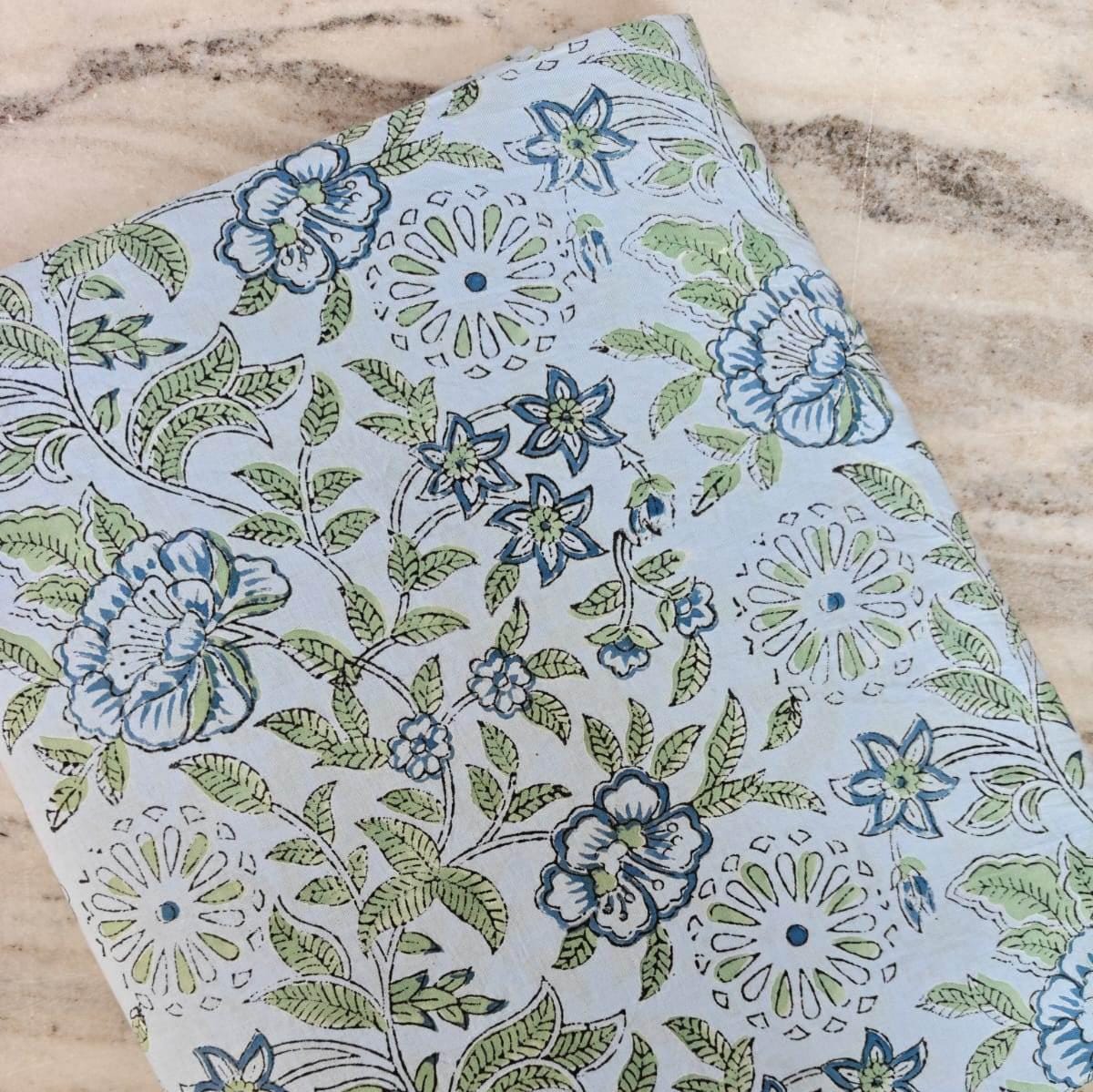 Light Blue Indian Hand Block Print Fabric, Floral 100% Cotton Quilting Fabric By The Yard, Fabric For Dress Making, Loose Running Fabric