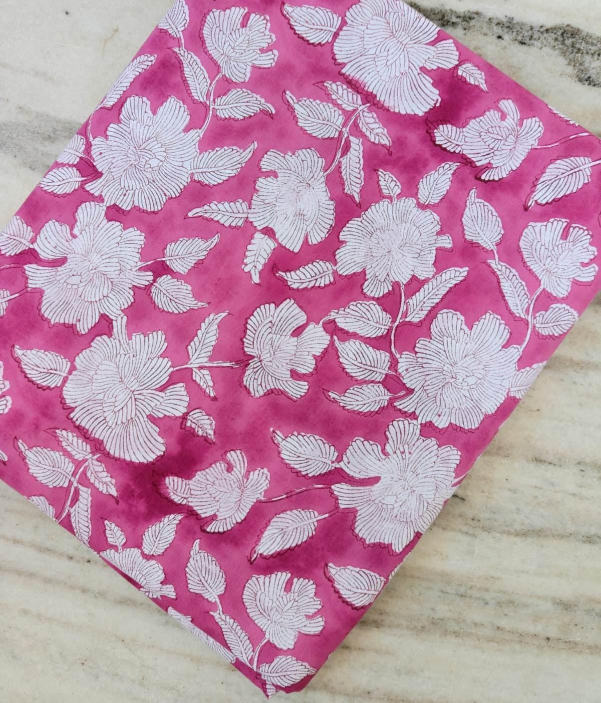 Pink Floral Cotton Fabric, White Flower Print Cotton Fabric by Yard, Indian Block Print Fabric, Dressmaking Fabric, Soft Cotton Textile
