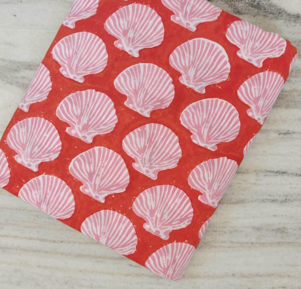 Coral Pink Seashell Block Print Cotton Fabric, Coastal Nautical Shell Fabric, Beach Theme Indian Cotton Fabric, Sewing Craft Fabric by Yard