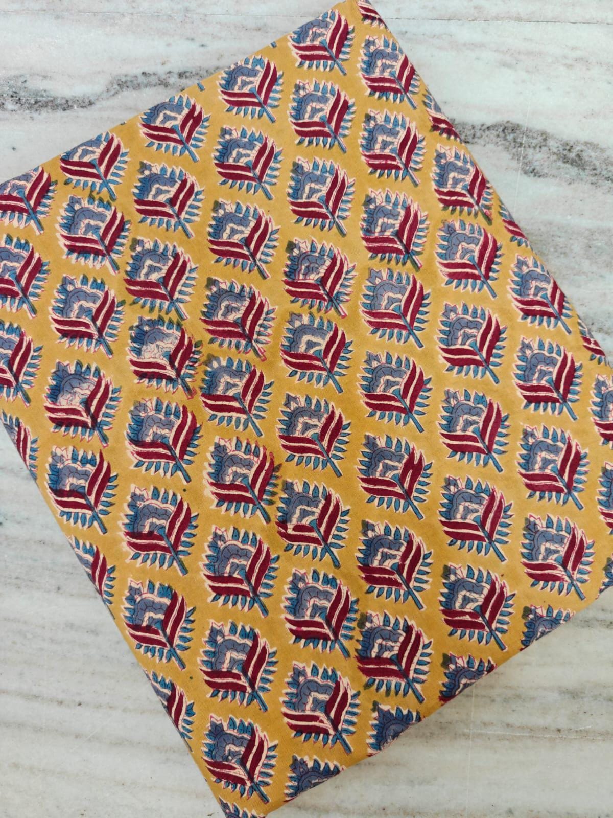 Mustard Yellow Floral Cotton Fabric by Yard – Hand Block Print Leaf Pattern – Indian Printed Fabric for Dressmaking, Quilting & Craft Sewing
