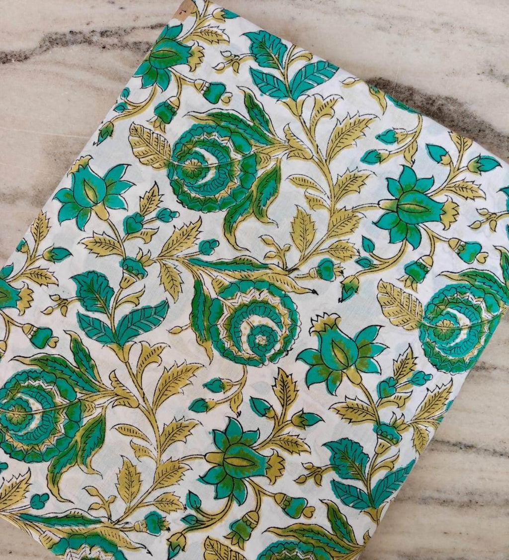 Green Floral Cotton Fabric by the Yard, Indian Block Print Fabric, White Botanical Vine Print, Boho Quilting Dressmaking Craft Fabric